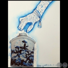 Pandora a punto de abrir la caja - Serie AZUL dibujo sobre papel de Ricardo Migliorisi - Año: 2018